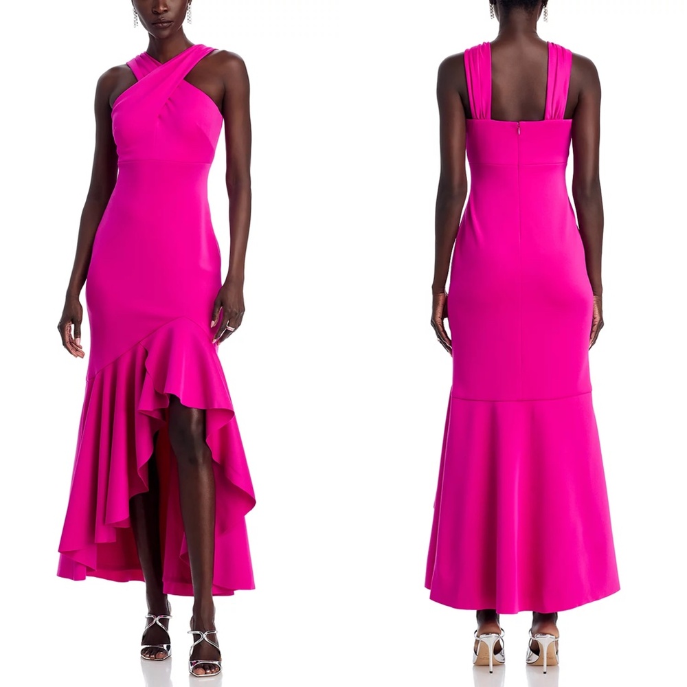 NEW ELIZA J Hot Pink SCUBA CREPE Crisscross HALTER Ruffle HIGH LOW Dress GOWN 2